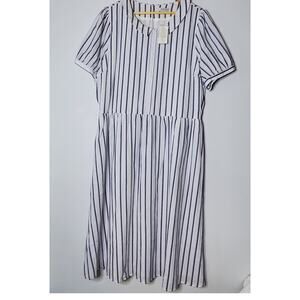 Sweetsalt white and blue stripes collar neck  puffed sleeve modest dress NWT